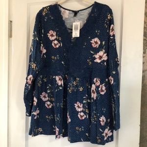 Blue floral lace up blouse